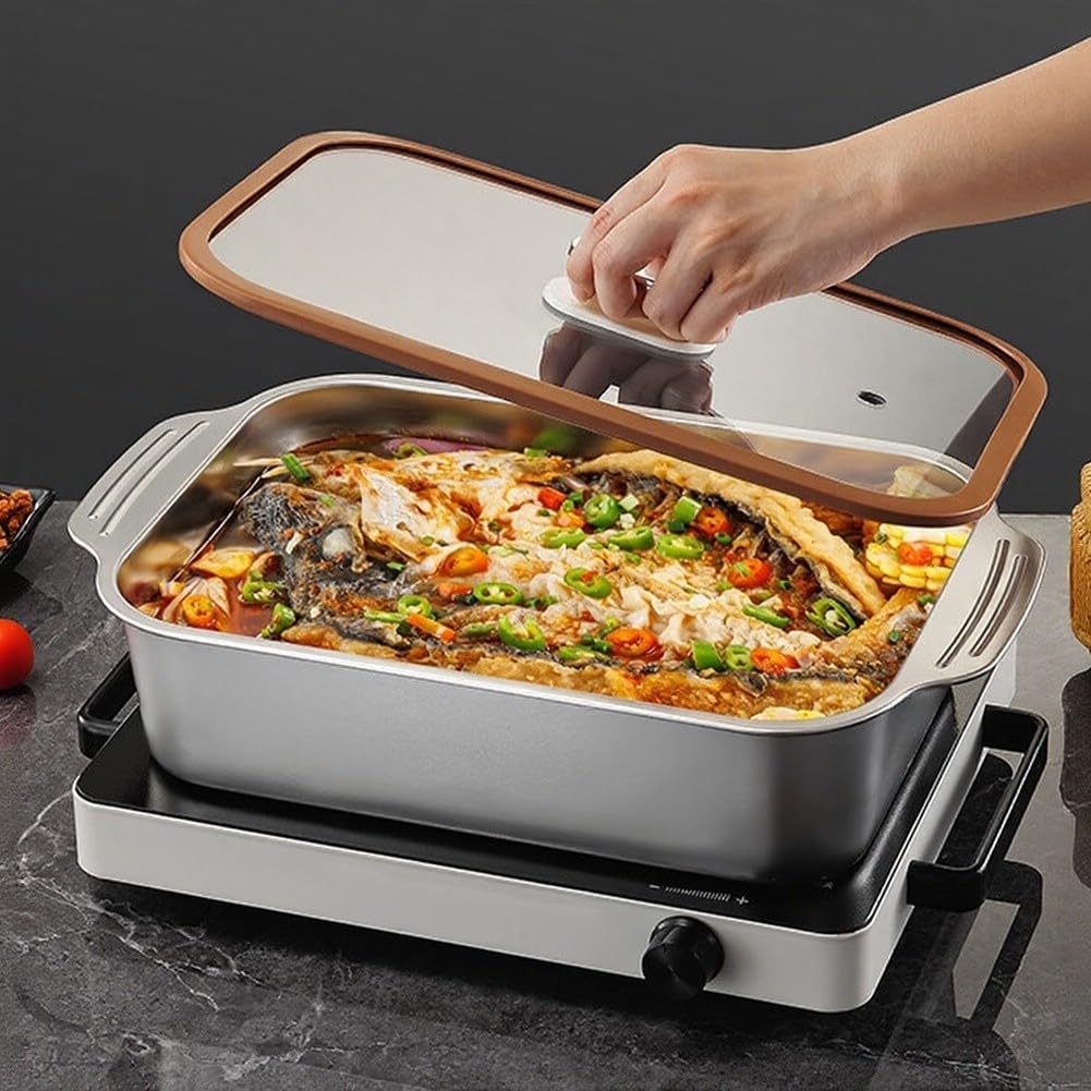 Padella rettangolare in acciaio inox, 45 x 27 cm, adatta al forno, per fiamme libere e a induzione, marrone