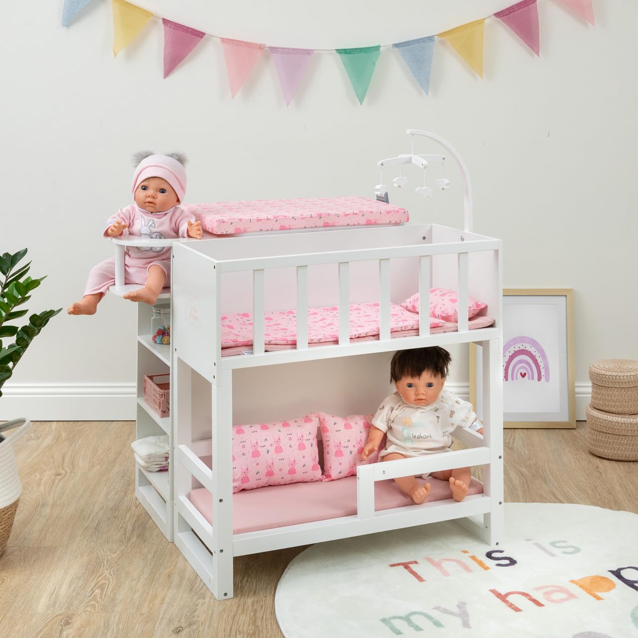 ELLA & PIET® Großes Puppenpflegecenter Nursery 6in1 aus Holz (Weiß-Rosa) Puppenbett Puppenschrank, Badewanne, Hochstuhl