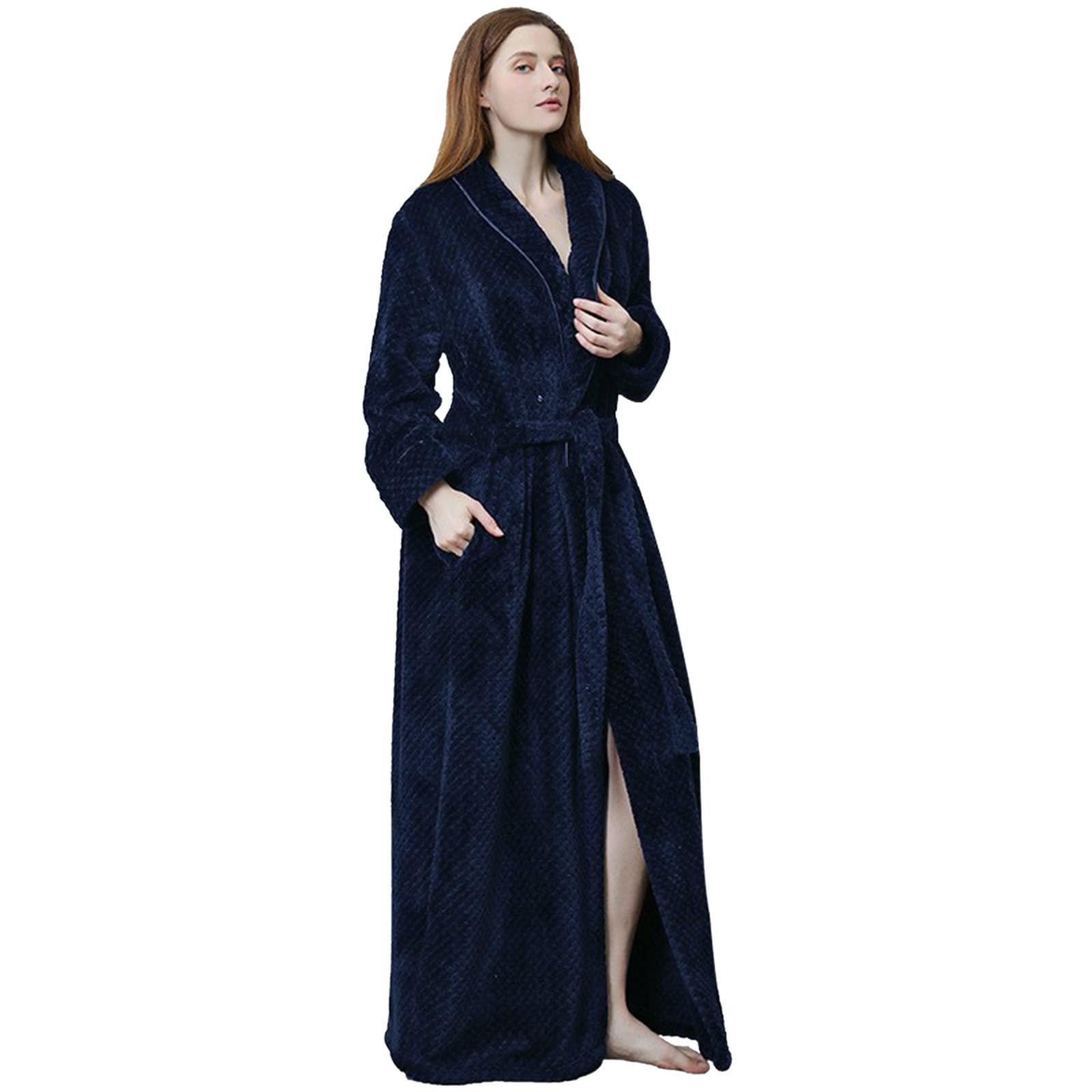 Accappatoio da donna, taglie lunghe, invernale, M-XL, in pile caldo | Baby Dolls & Negligee da donna, leggero, vestibilità ampia, con scollo a V, con cintura, tinta unita