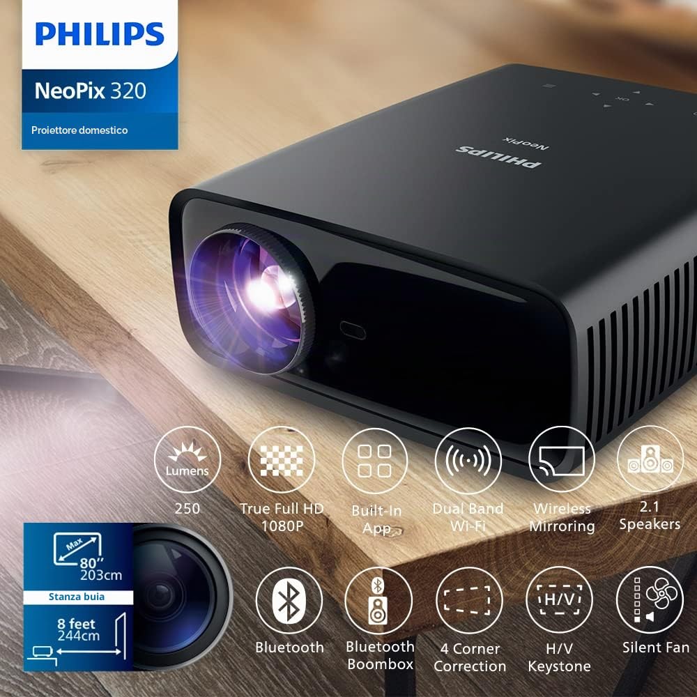 Philips NeoPix 320, Proiettore Smart True Full HD 1080p Nativo, Dotato di App Precaricate, Lettore Multimediale, Wi-Fi Dual Band, Bluetooth, Potente Sistema Audio 2.1, Nero