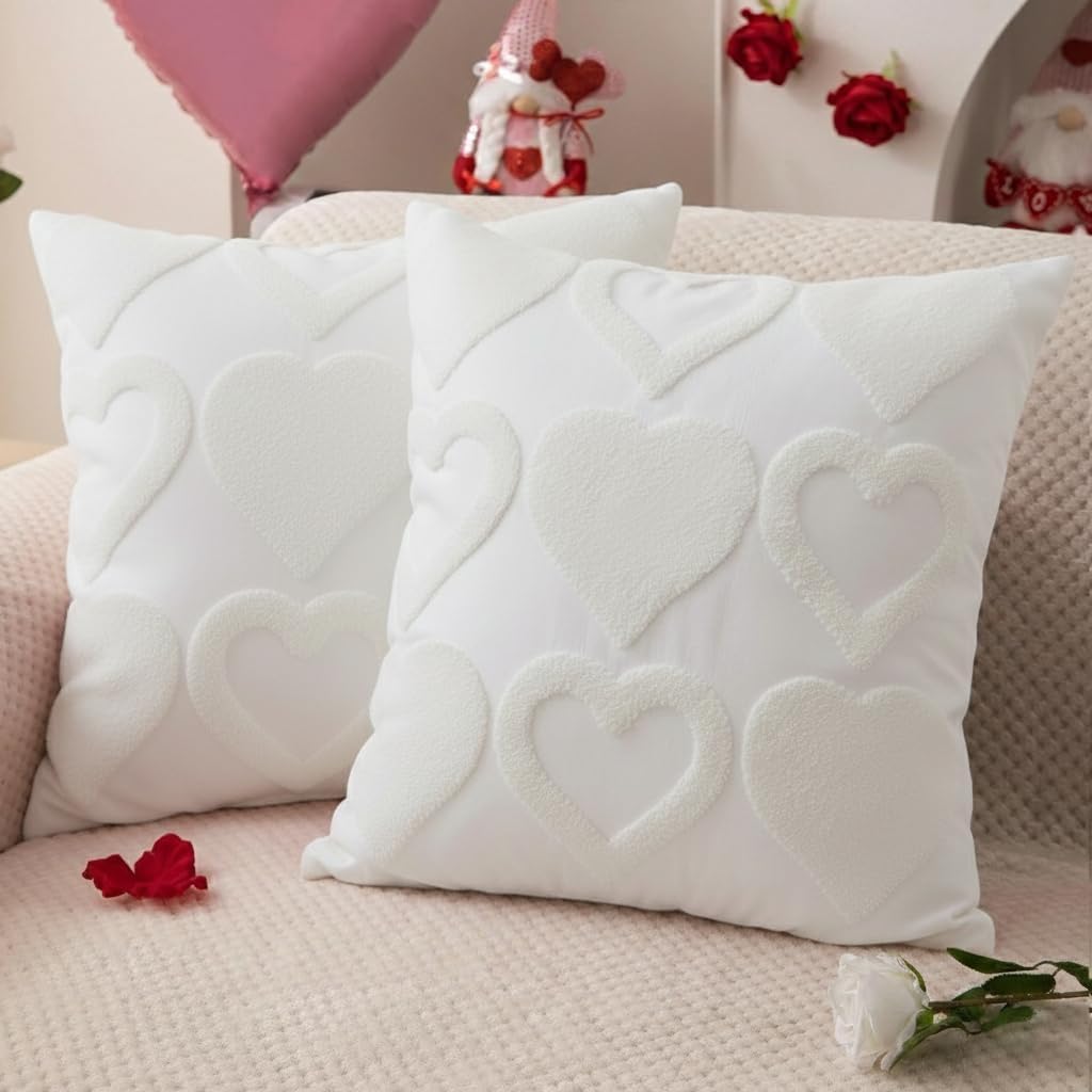 Valentines Day Throw Pillow Covers 18 x 18 Inch Set of 2, Valentines Day Decorations Soft Plush Faux Fur White Love Hearts Home Decor, Bedroom Living Room Sofa Wedding Couch Cushion Case