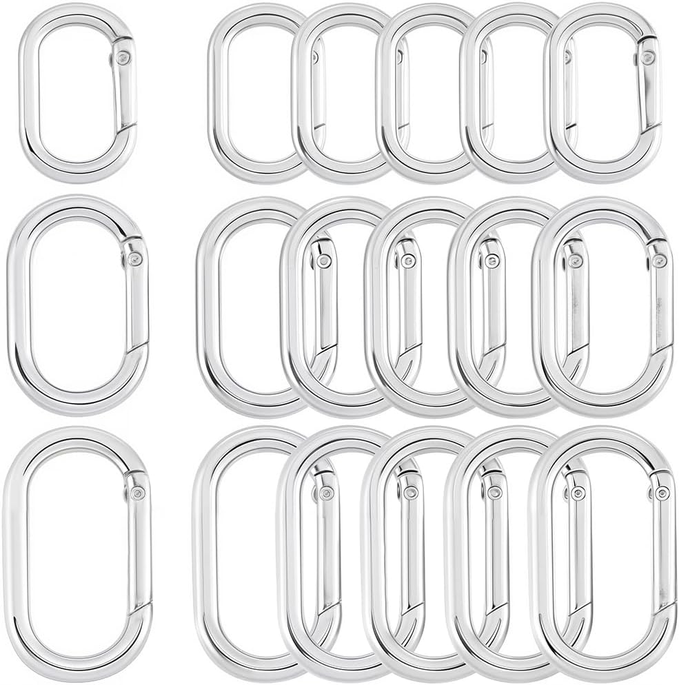 1 Box 18Pcs 3 Sizes Spring Oval Ring Clasp Carabiner Keychain Clip Alloy Silver Smooth Open Keyring Buckle Small Gate Rings for Purse Jewelry Making Bags Keychain Lanyard Supplies DIY Craft