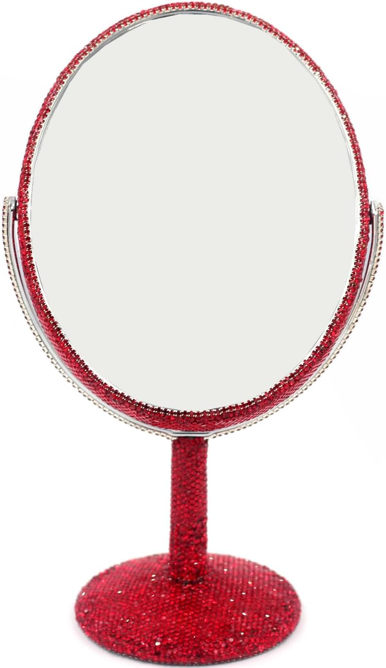 Bling Bling 6-Inch Double-Sided Tabletop Makeup Mirror, Oval Metal Makeup Mirror with 1:2 Magnifying Mirror, Rotating Mirror for Vanity (Red)