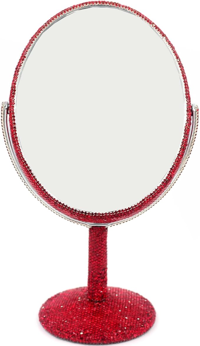 Espejo de maquillaje ovalado de metal con aumento 2X, giratorio, rojo miniatura 3
