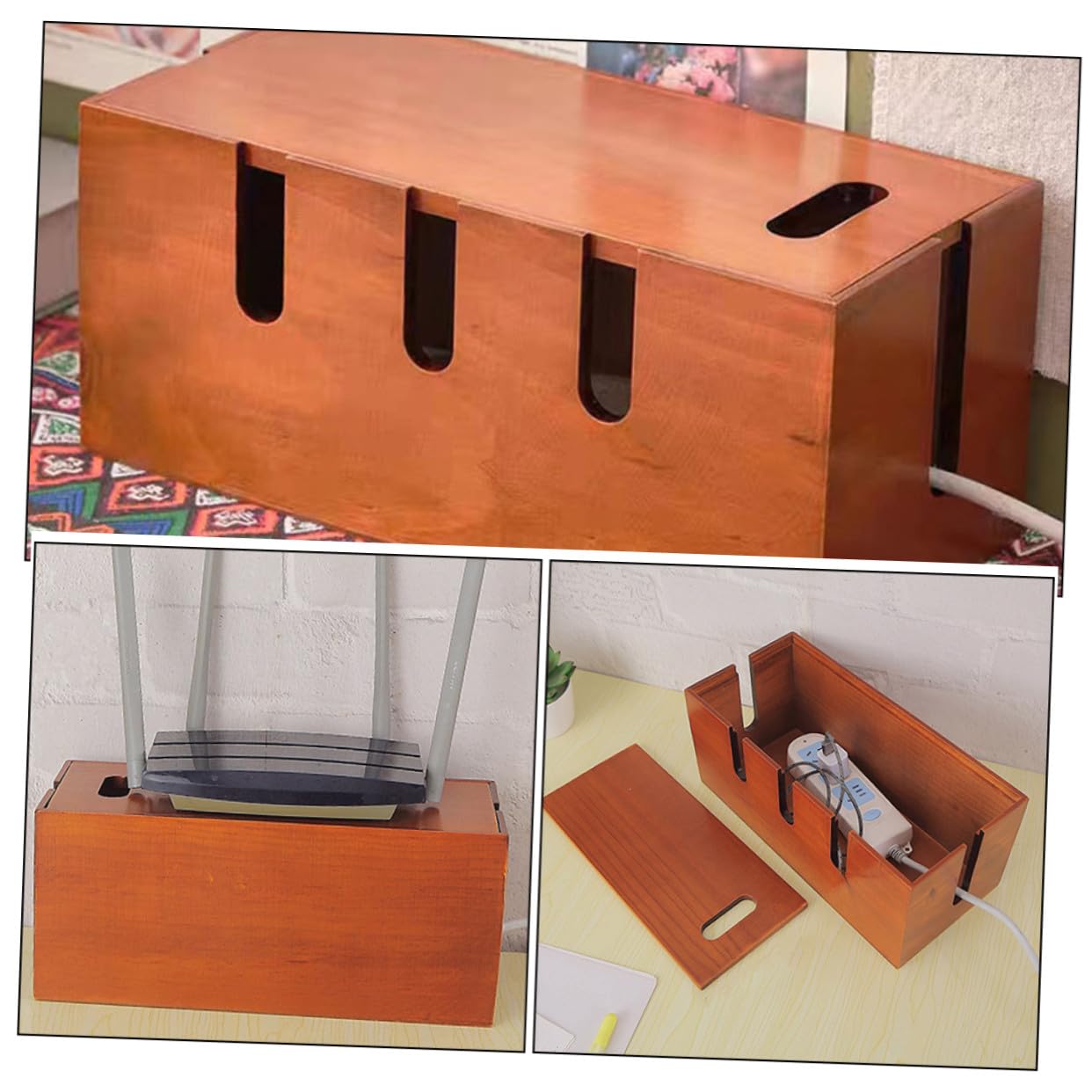 Scatola Portacavi e Contenitore per Prese Elettriche Marrone in Legno Funzione Nascondi Fili Elegante e Moderno per Organizzatore Cavi da Scrivania