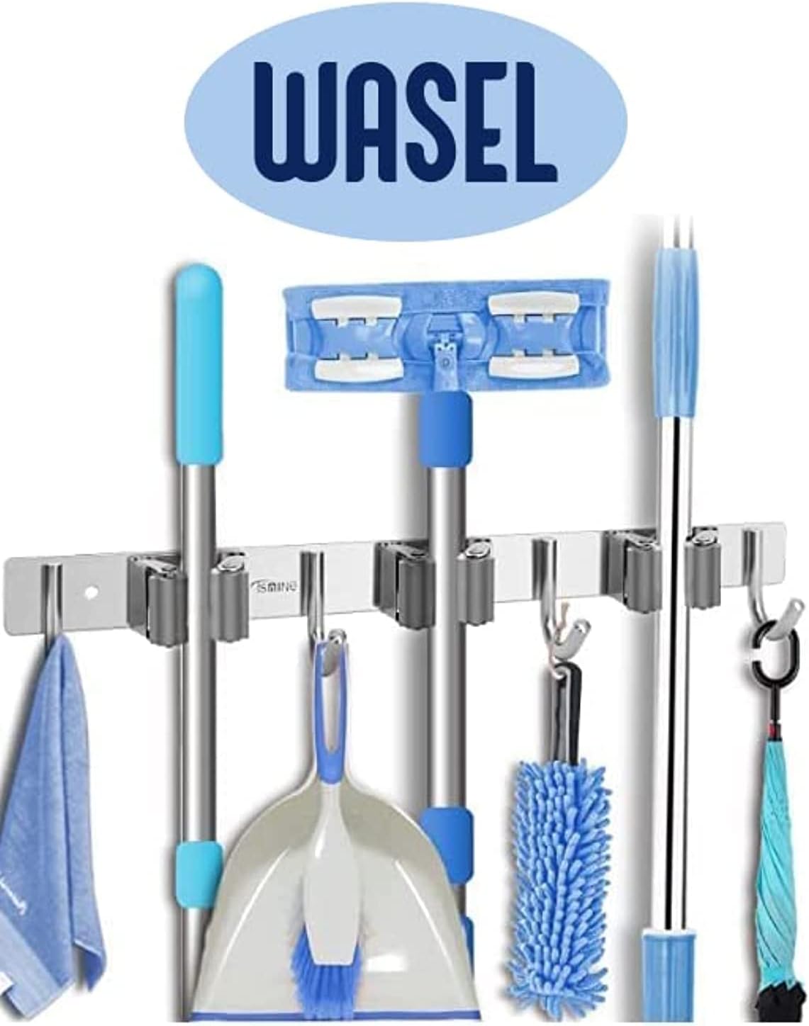 WASEL Mop Broom Holder Stainless Steel Wall Mount Heavy Duty Tool Organizer Storage Rack Tool Hanger Kitchen Bathroom Garage Laundry Garden (3 Positions with 4 Hooks, Silver)