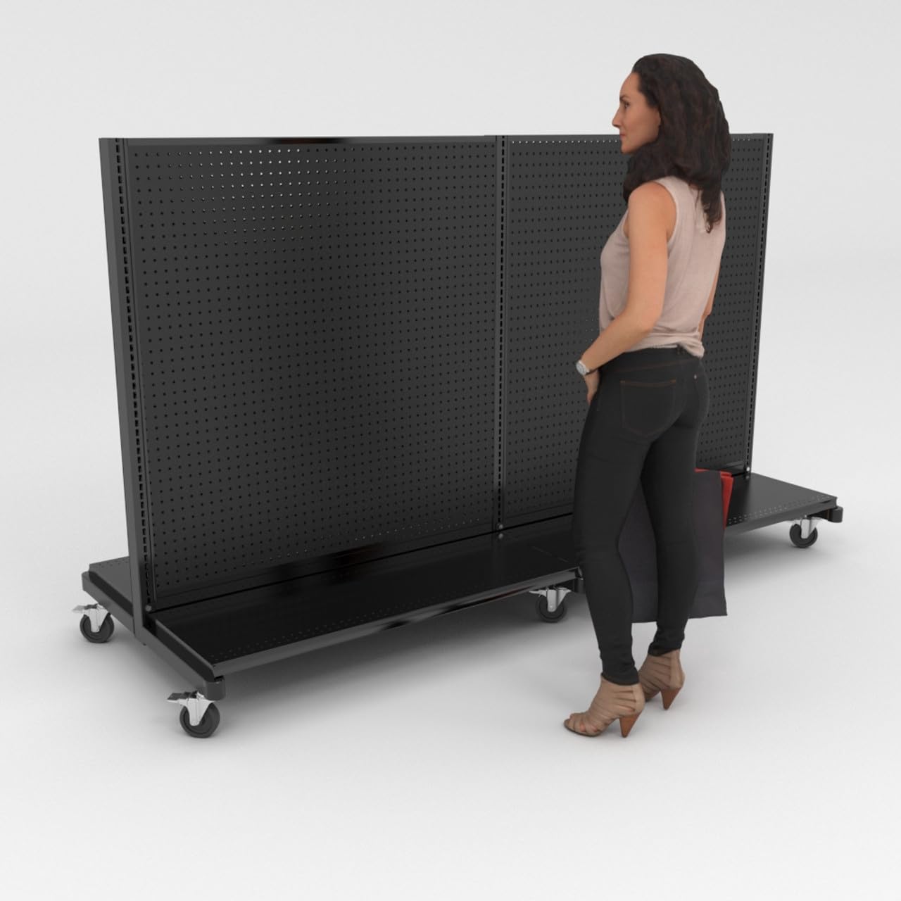 DGS Retail Rolling Gondola Shelving Unit, Black 96” W by 54” H Double-Sided Island Gondola with 16” Base Decks and Base Shelves, Tempered Pegboards, Made in USA