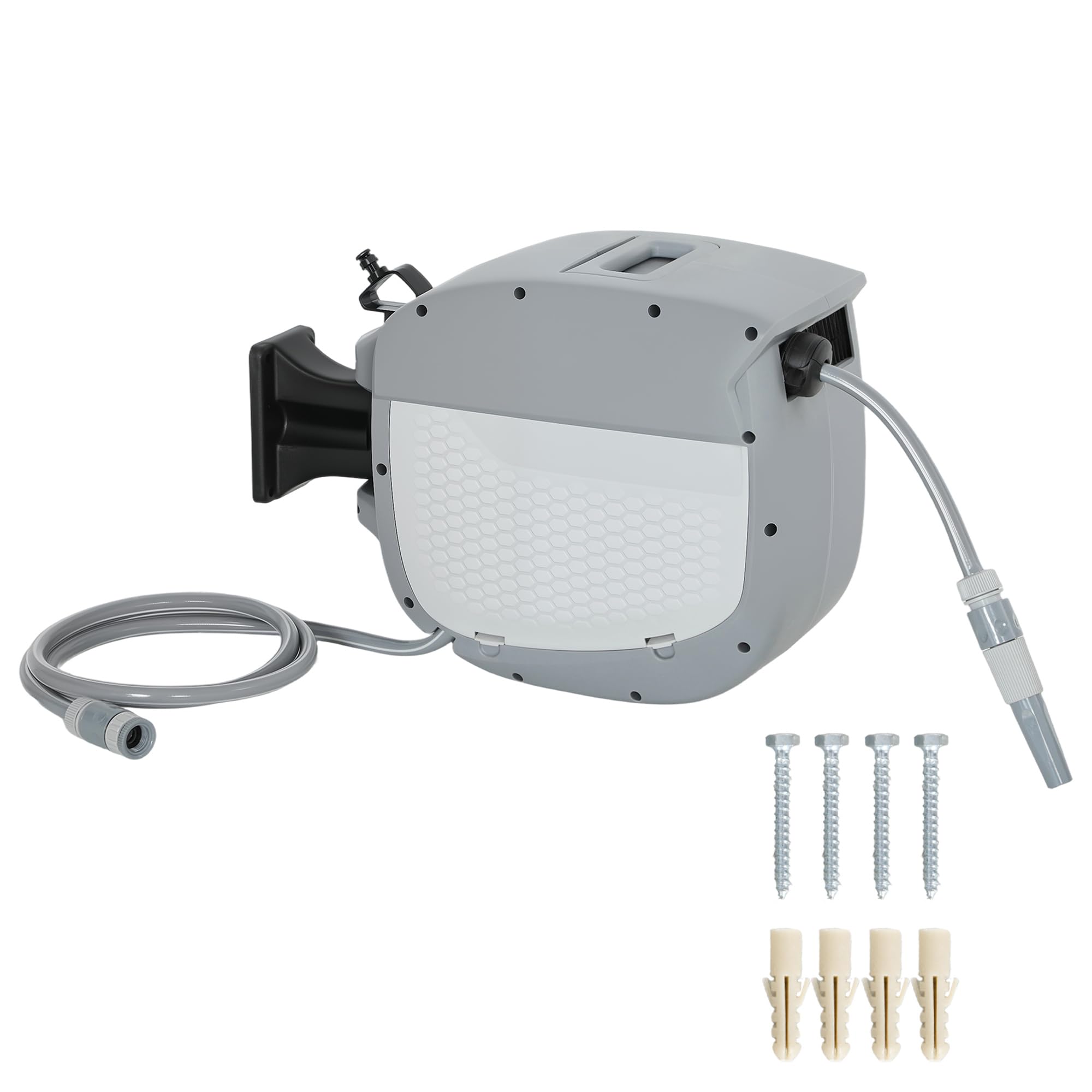 Outsunny Schlauchtrommel mit Gartenschlauch 20 m 180° Schwenkbar Grau | Schlauchbox, Automatische Aufrollung, Selbstverriegelung, Schlauchaufroller zur Wandmontage, Wasserschlauchaufroller
