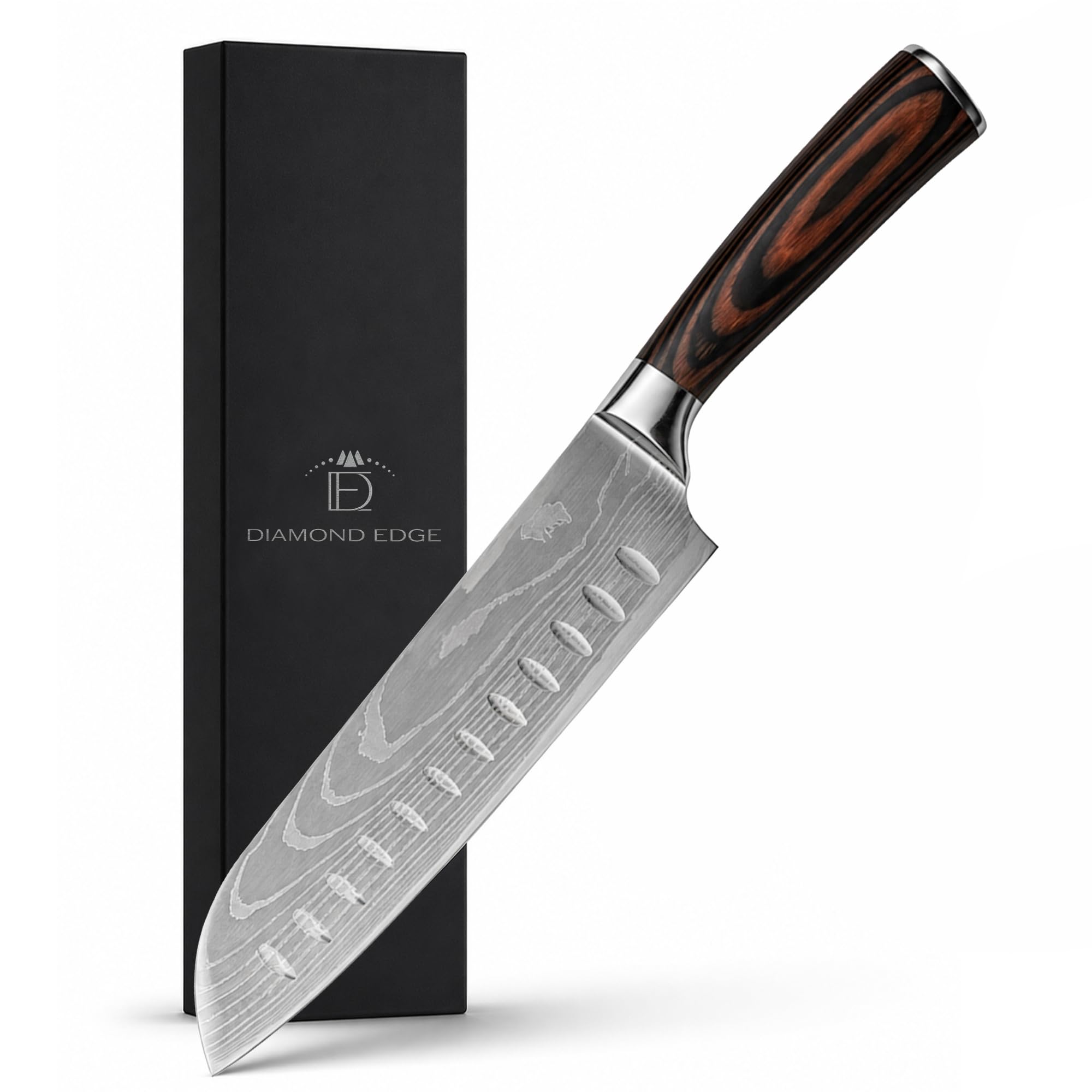 Diamond Edge Santoku Knife - Professional Japanese Style Kitchen Knife with Ultra Sharp Stainless Steel Blade, Ergonomic Pakkawood Handle, Gift Box & Protective Sheath