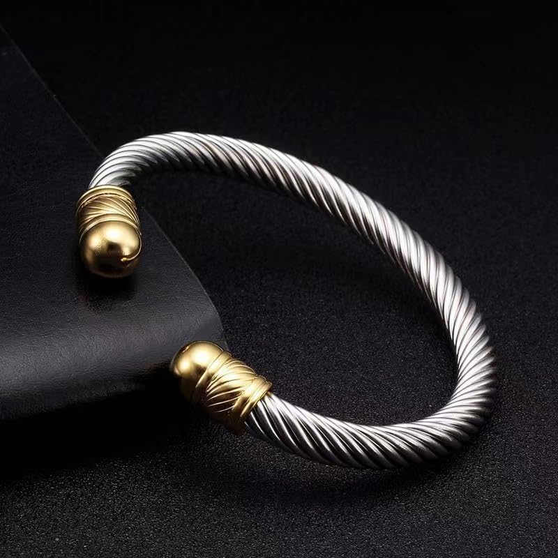 Two-Tone and Twisted Bangle Bracelet Women's Silvertone Twinst Bracelets Stainless Steel Jewelry Round Twisted Cable Wire Cuff Bangle Bracelet (Silver&Gold Type 2)4