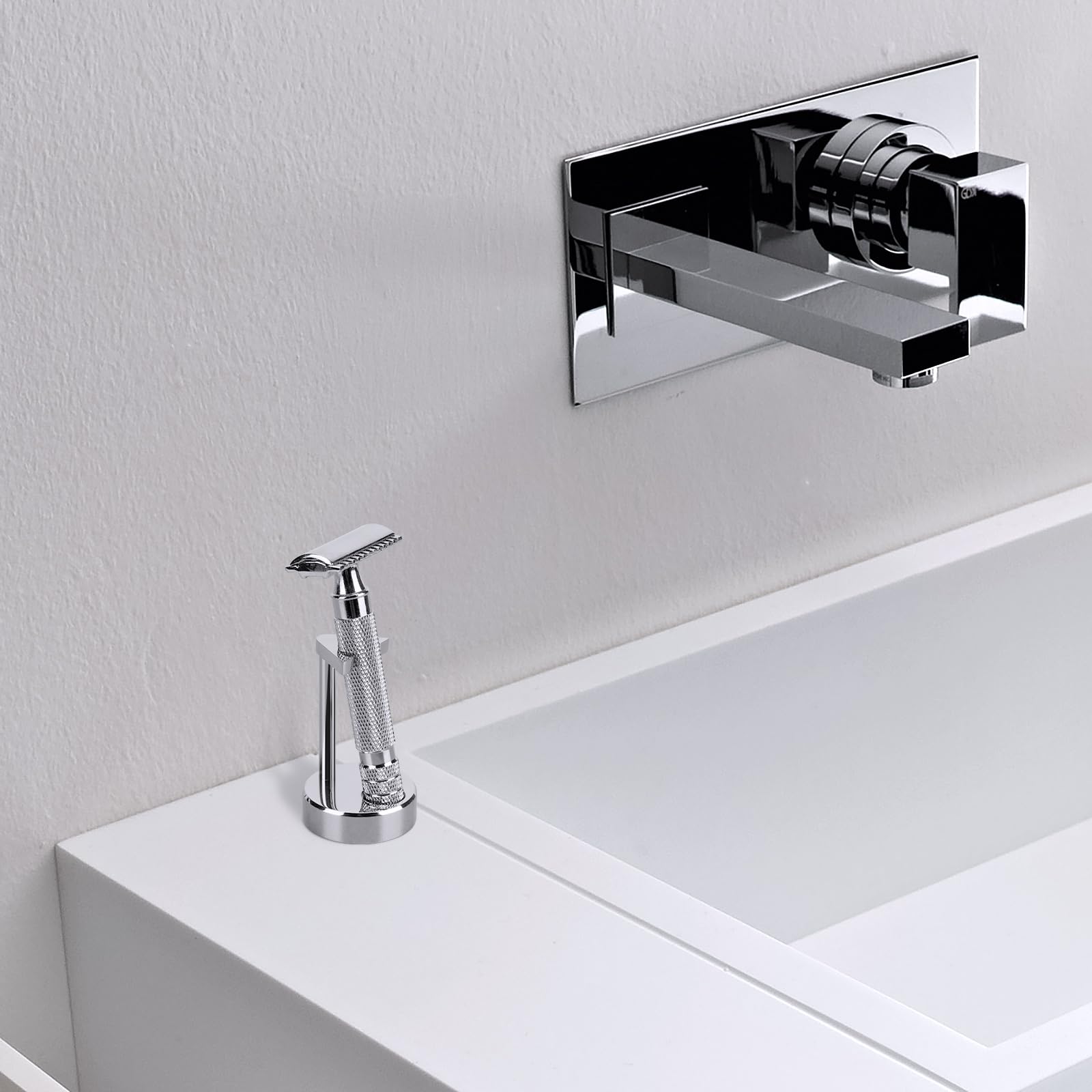Linkidea Supporto per rasoio di sicurezza da uomo, compatibile con Vikings Blade the Chieftain, Merkur 34C, 700002, 23C, 38C, organizer per strumenti da barba per bancone del bagno (argento)