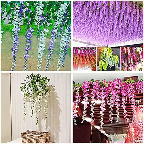 Dveda 24 Pack 3.6 Feet/Piece Wisteria Artificial Flowers, Fake Wisteria Vine Ratta Hanging Flowers with Green Leaves, Fake Outdoor Silk Flowers for Home Party Garden Wall Wedding Decorations, Purple