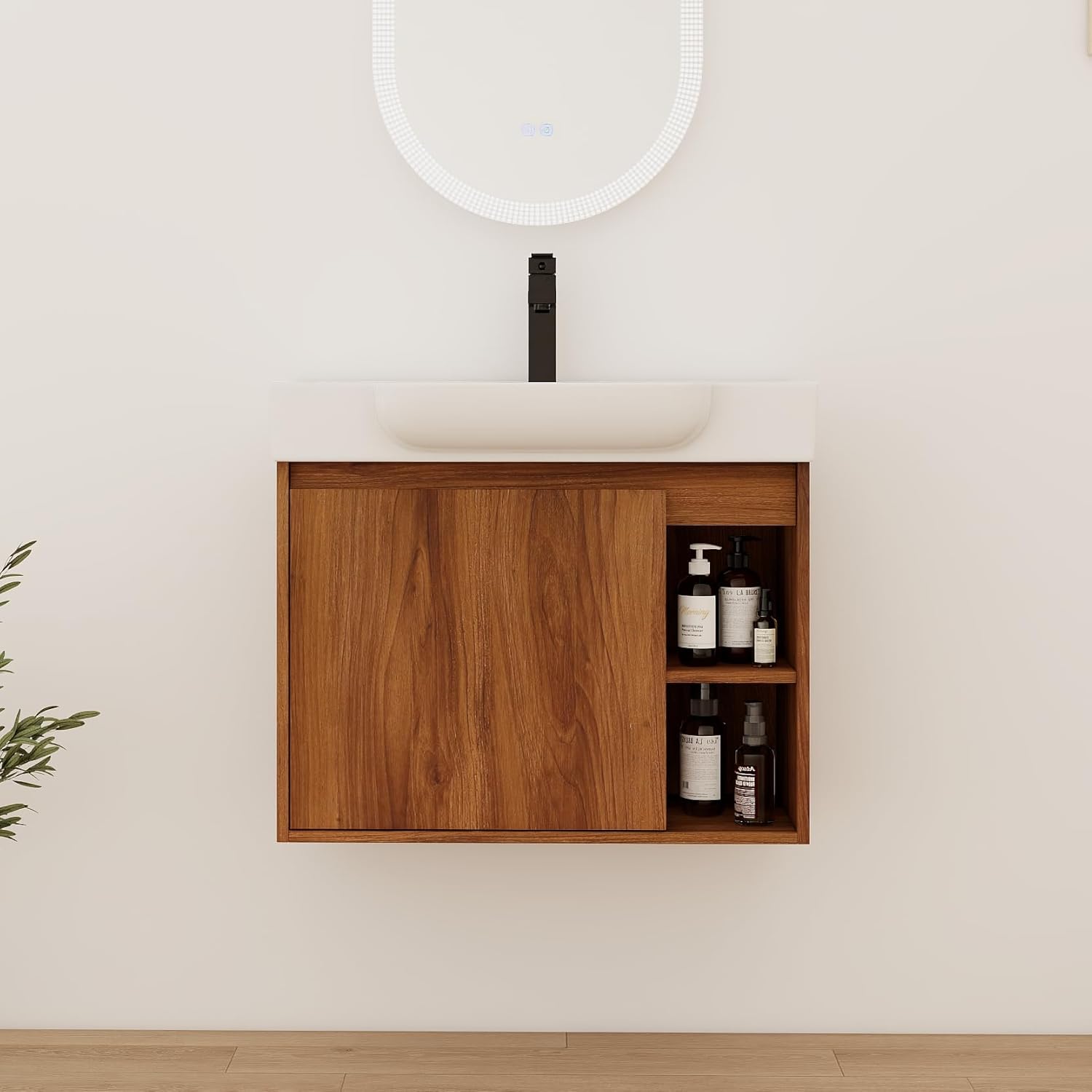 28" Wall-Mounted Bathroom Vanity with Ceramic Sink, 28 Inch Floating Single Sink Vanity Cabinet Modern Brown 1-Door Design with Storage Shelf (Space-Saving for Small Bathrooms)