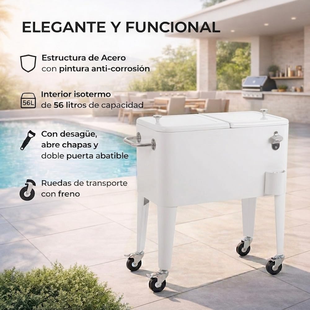 LOLAhome Nevera Carrito Vintage para Exterior, Blanco, 56 litros Capacidad | De Acero con tratamiento Epoxi para Exterior. Carrito de bebidas retro auxiliar con isotermo. Para barbacoa y celebraciones