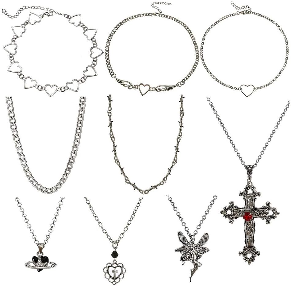BENBIYO9 PCS Grunge Necklace Set Goth Cross Saturn Thorns Gothic Angel Heart Wing Chain Choker Necklace for Women Teen Girls, Zinc, No Gemstone