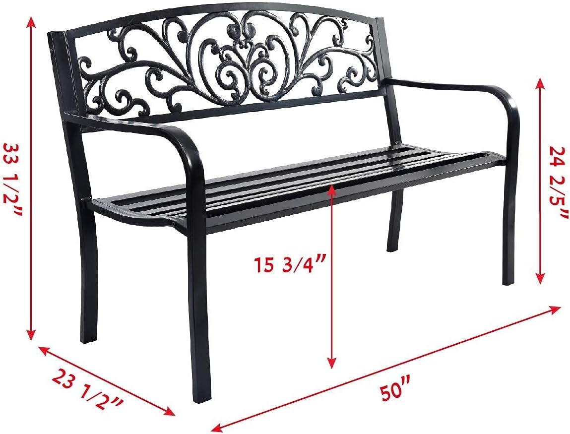 ReunionG 50" Patio Garden Bench Loveseats Park Yard Furniture Vintage Floral Garden Cast Iron Patio Porch Chair (Black Steel W/Floral Scroll Pattern)