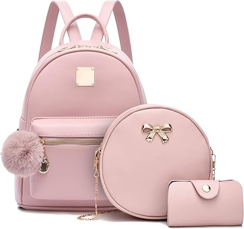 BESYIGA Mochila de moda para mujer, 3 piezas, de cuero, mini mochila para mujer, mochila escolar con pompón, mochilas de viaje, Rosado, Mochilas