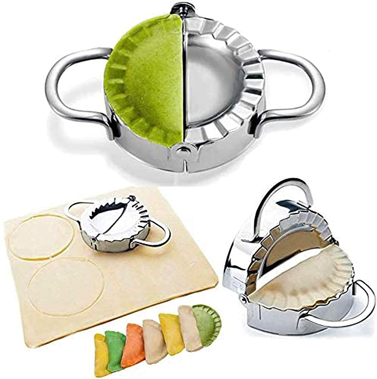 JD TECH Stainless Steel Dumpling/Momos Maker - Dumpling Press Samosa/Gujiya/Momo Maker Wrappers Mould Dough Cutter/Press Machine Kitchen Tool Accessories Pack of 1 (Small Size)
