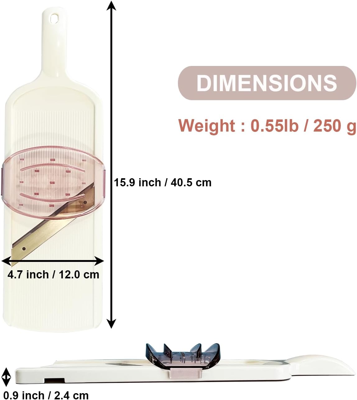 Mandoline Wide Cabbage Slicer 4.7 inches Pink, Julienne Thickness: 0.04 inch (1 mm), with Safety Holder, Made in Tsubame Japan (White)