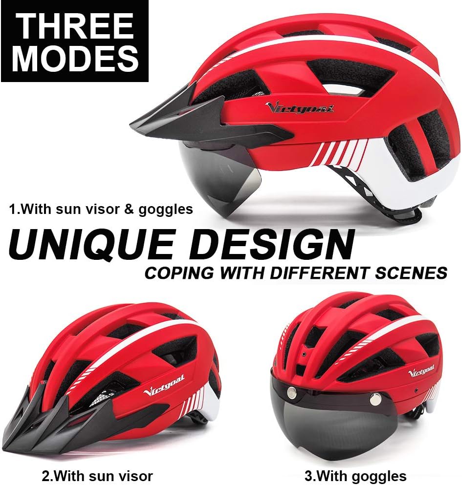 Victgoal Bike Helmet for Men Women with Led Light Detachable Magnetic Goggles Visor Mountain & Road Bicycle Helmets Adjustable Size Adult Cycling Helmets (Red - Image 3