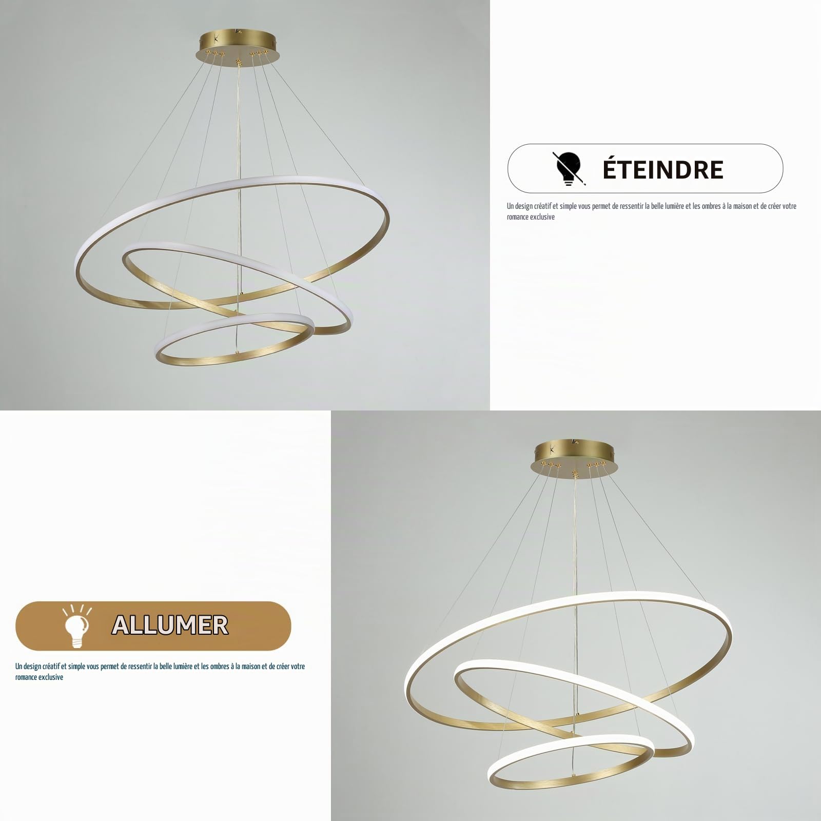 Suspension Led Moderne, Lustre Suspendu RéGlable Plafonnier Contemporain, Dimmable 3 Anneaux Suspension Luminaire Moderne à Led Pour Table De Salle à Manger,Pour Cuisine, Chambre 40+60+80Cm,Or