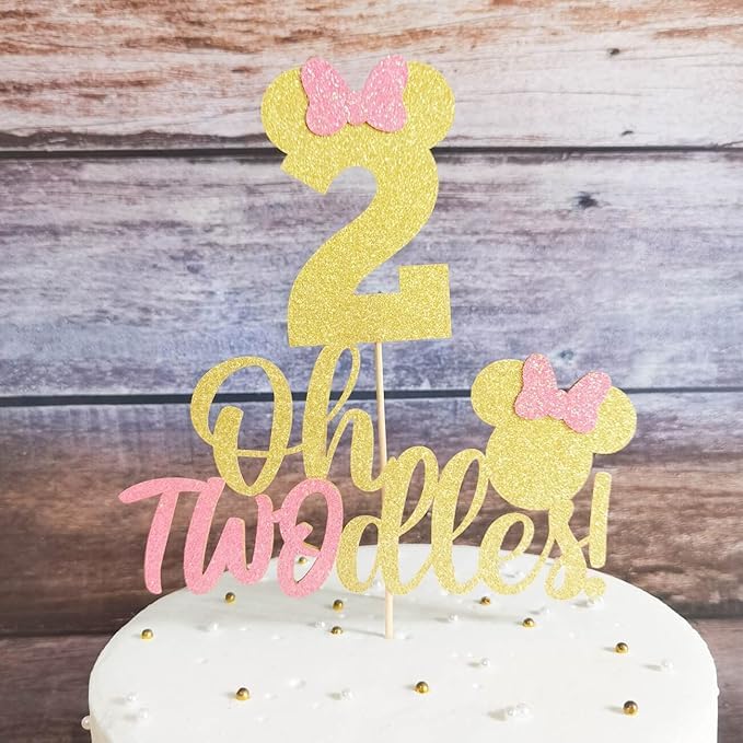 Image of Oh Twodles Cake Topper | 2nd Birthday Party Pink and Gold Glitter Cake Topper | Second Birthday Photo Props | Party Decoration Supplies | Mini Girl Cake Decoration