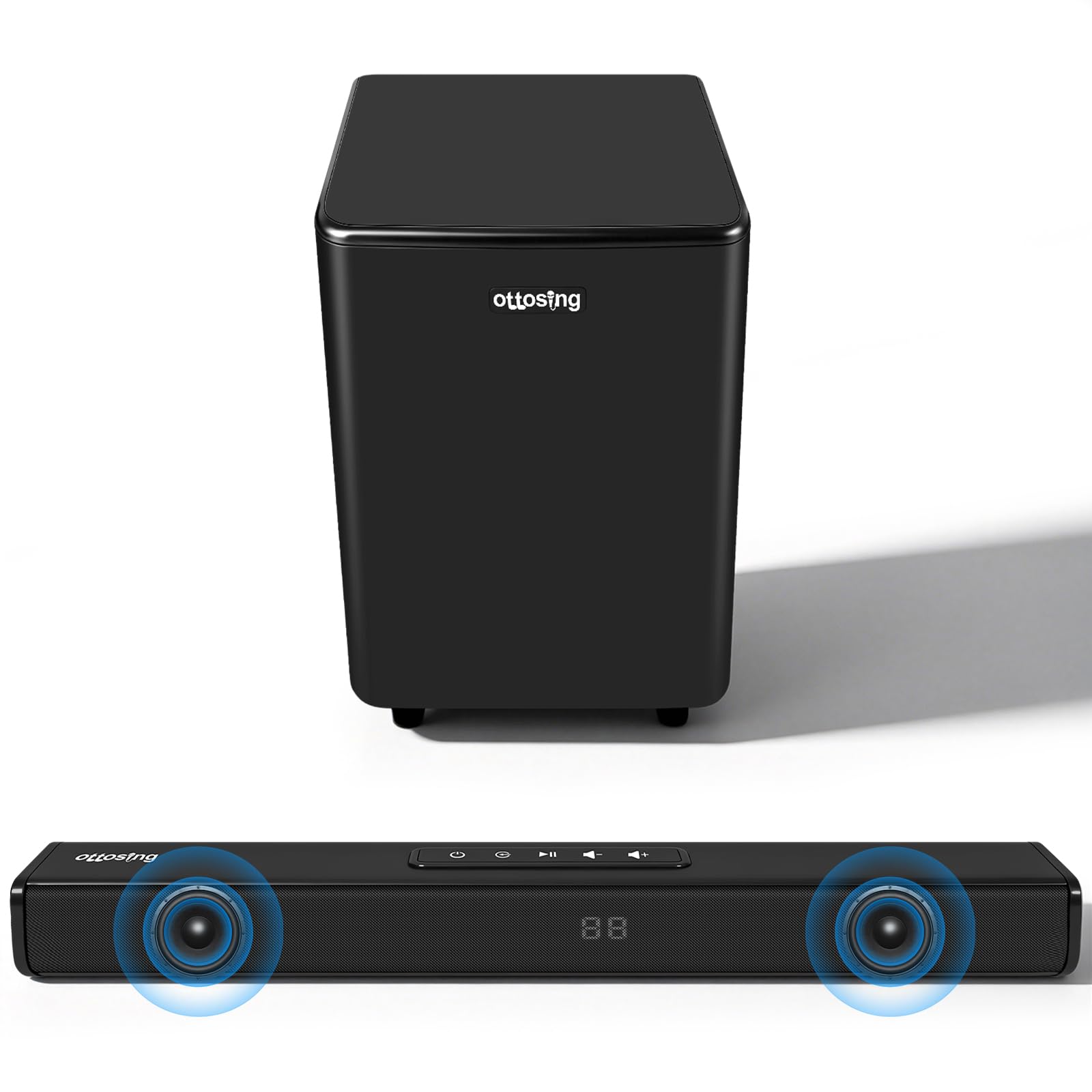 Barra de sonido Bluetooth con subwoofer inalámbrico, barra de sonido con entradas ópticas/ARC/AUX y Bluetooth 5.0, sistema de sonido envolvente de 2.1 canales para TV, PC, juegos, música