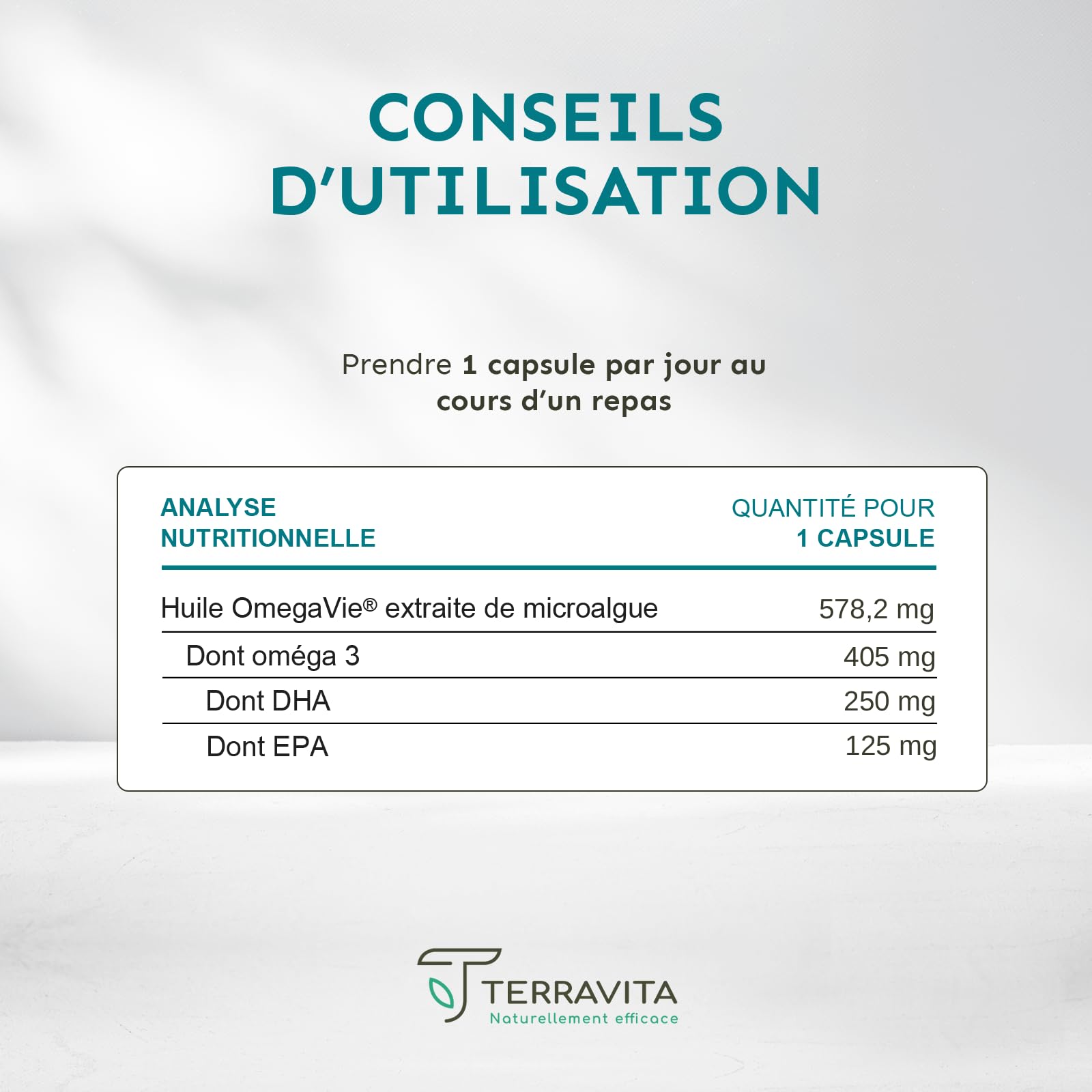 Oméga 3 Vegan | Huile Brevetée OmegaVie® issue de la microalgue Schizochytrium | 250 mg de DHA et 125 mg d’EPA par Capsule | Garantie sans Métaux Lourds | 60 Capsules | Made in France | Terravita