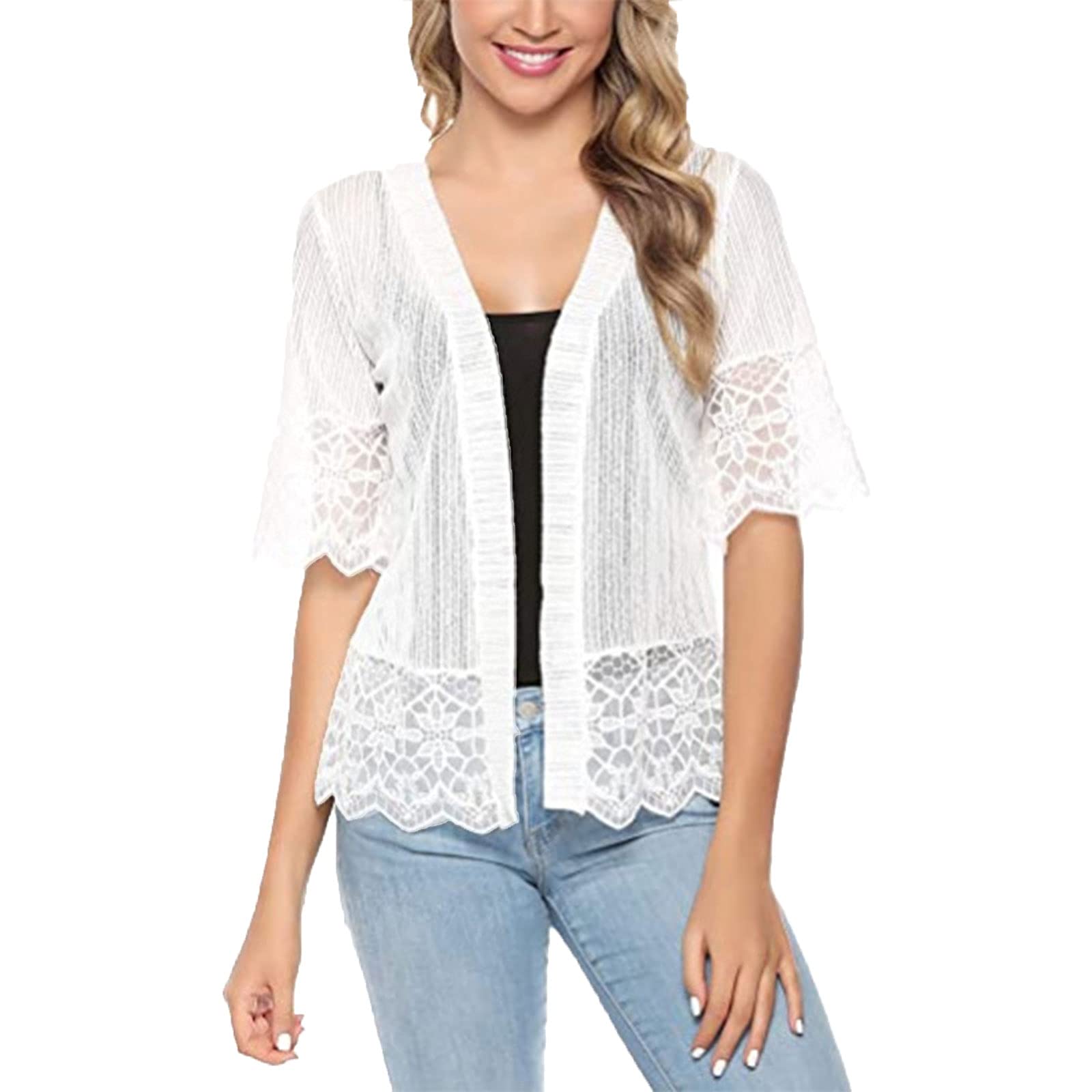 Zeagoo Bolero da Donna Elegante Cardigan Festivo Giacca Bolero Corta Casual Cardigan Aperto sul Fronte Top Solido Bianco S