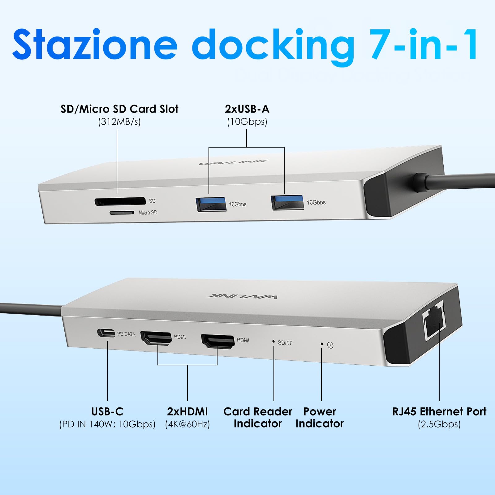 WAVLINK Docking Station Dual Monitor, Dual 4K @60Hz USB-C Dock with PD Pass-Through 125W, 2.5G Ethernet, 2×USB-A 10Gbps, SD/Micro SD Card Reader 312MB/s