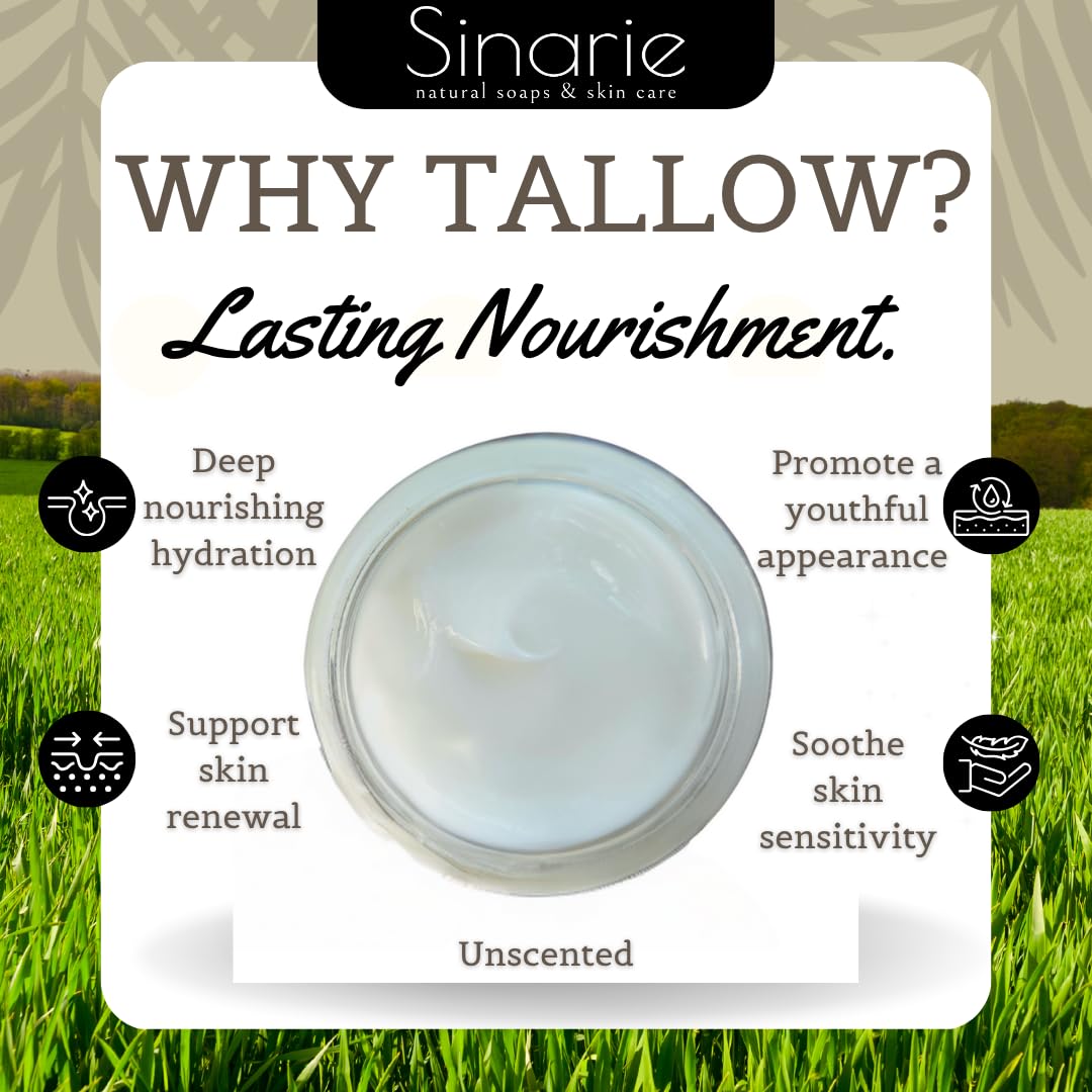 Sinarie Grass-Fed Beef Tallow Body Butter - Emulsified, Non-Greasy Moisturizer, 4 oz Soaps & Skin Care (4 oz., Unscented)