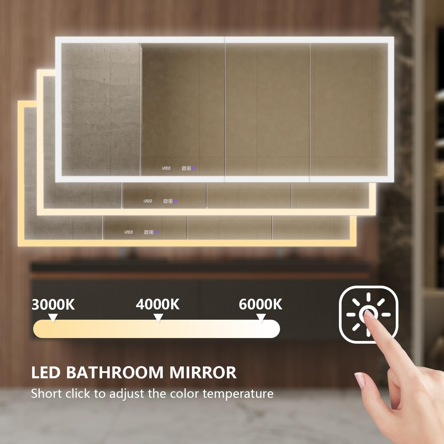 Botiquín inteligente iluminado con espejo, colores regulables continuos, bisagras de 110°, antivaho, luz de sensor, salida de 1800 W y USB, acabado de aluminio cepillado
