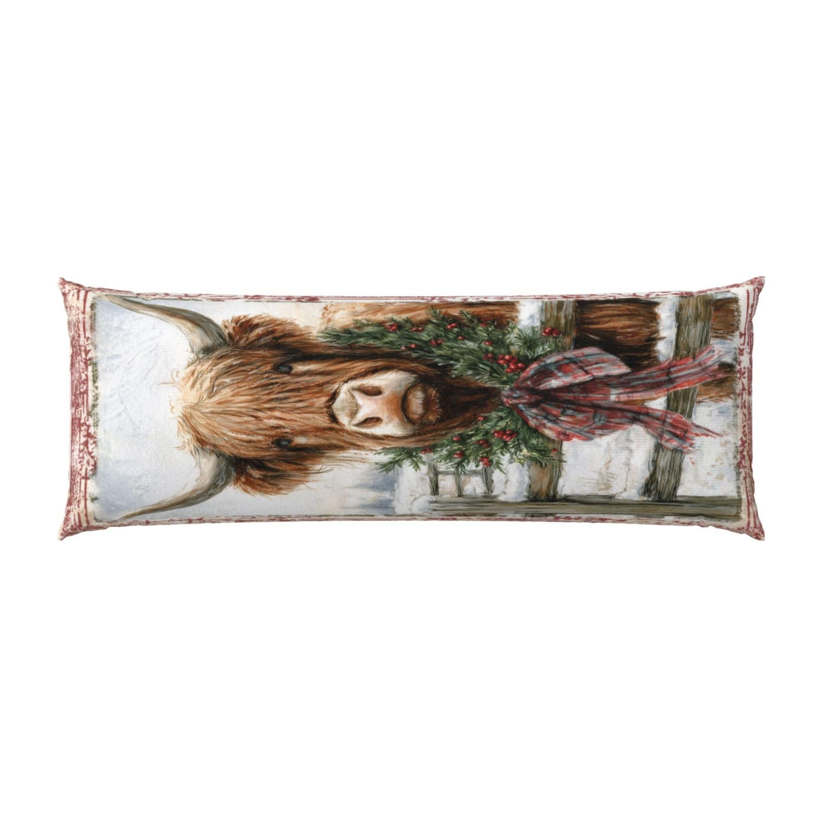 Highland Cow Wearing Rustic Evergreen Wreath Body Pillow Cover With Zipper Closure, Cozy Fuzzy Long Fleece Pillowcase Cover 20 X 54 Inches