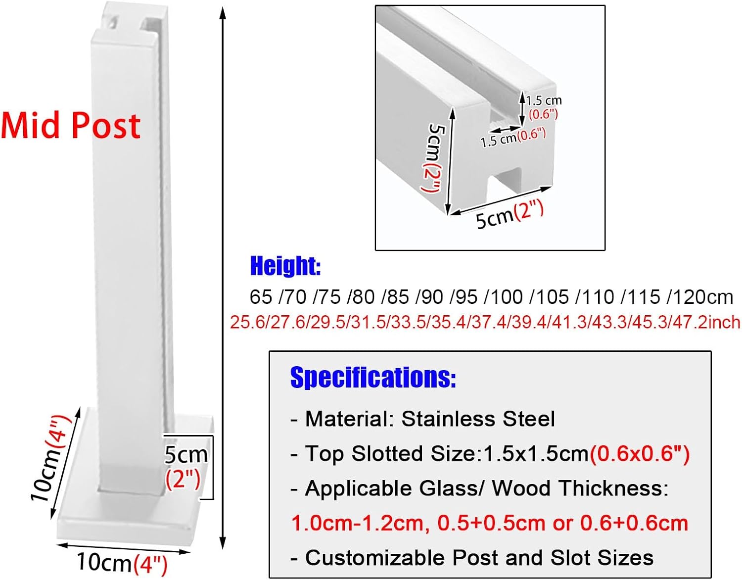 White Glass Railing Post Kit, 304 Stainless Steel Balustrade for Balcony & Patio, Floor Mount Glass Column, H130cm/51.2", Durable Guardrail System - White Mid Post