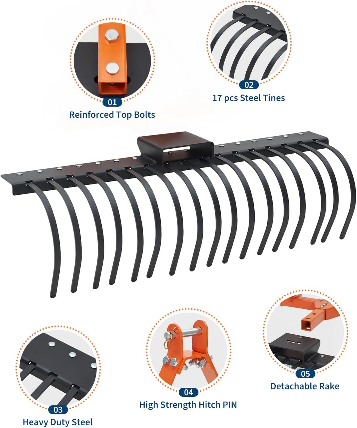 50 in Landscape Rake,3 Point Hitch Tractor Rake Category-0 Cat-1 Tractor with 360 Degree Rotation,Replaceable Spring Steel Tines, Quick Mount for Clearing Brush, Raking Arenas, Soil Preparation