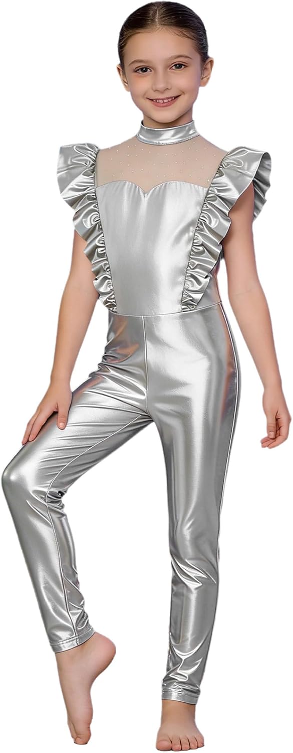 Kids Girls Metallic Unitard Dance Leotard Ruffle Sleeve Bodysuit One Piece Disco Jazz Dance Jumpsuit