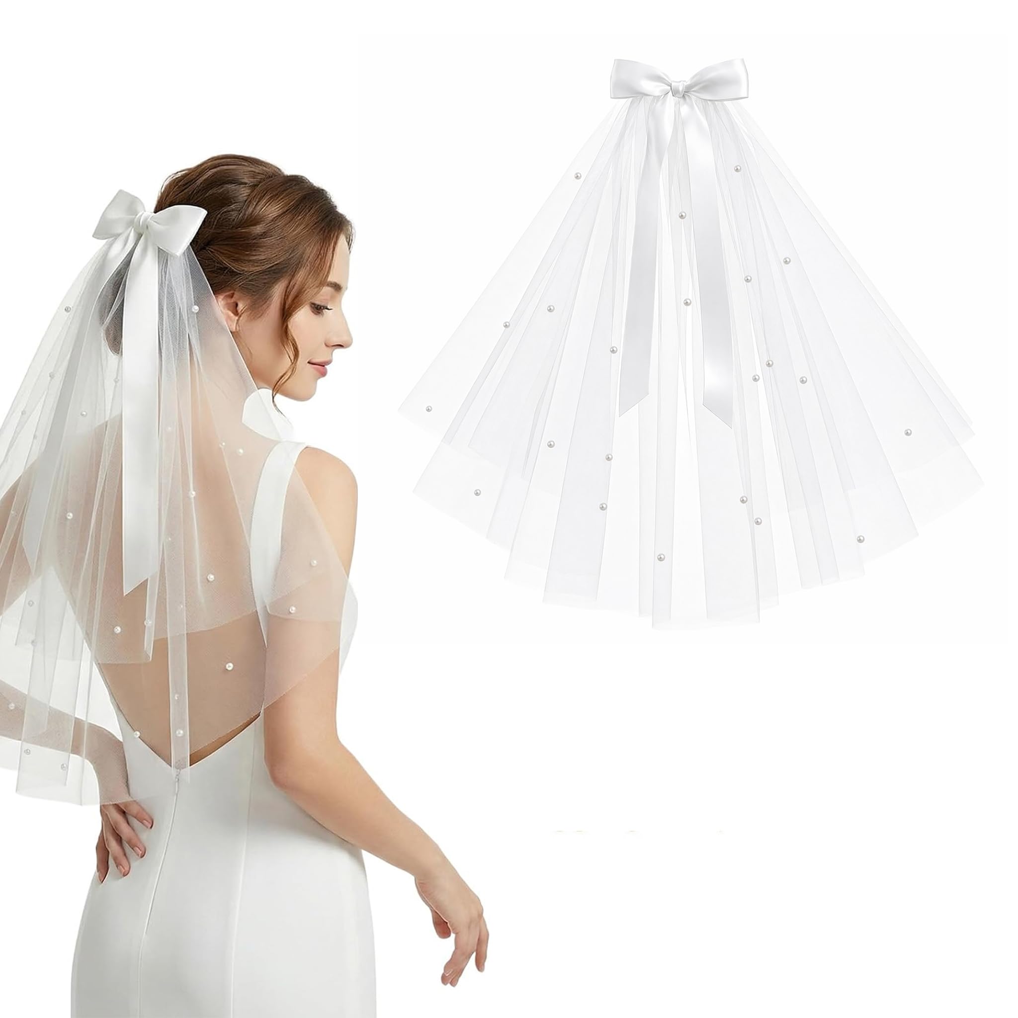 Elovara Bride to Be Veil with Pearl Bow,Suitable for women's weddings