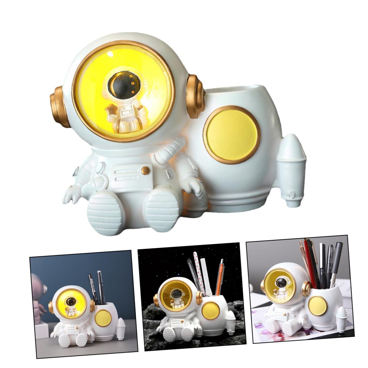 Portapenne Astronauta in Resina con Luce Led, Capacità Grande per Penne e Biglietti da Visita, Accessorio Ufficio Bianco per Scrivania Bambini