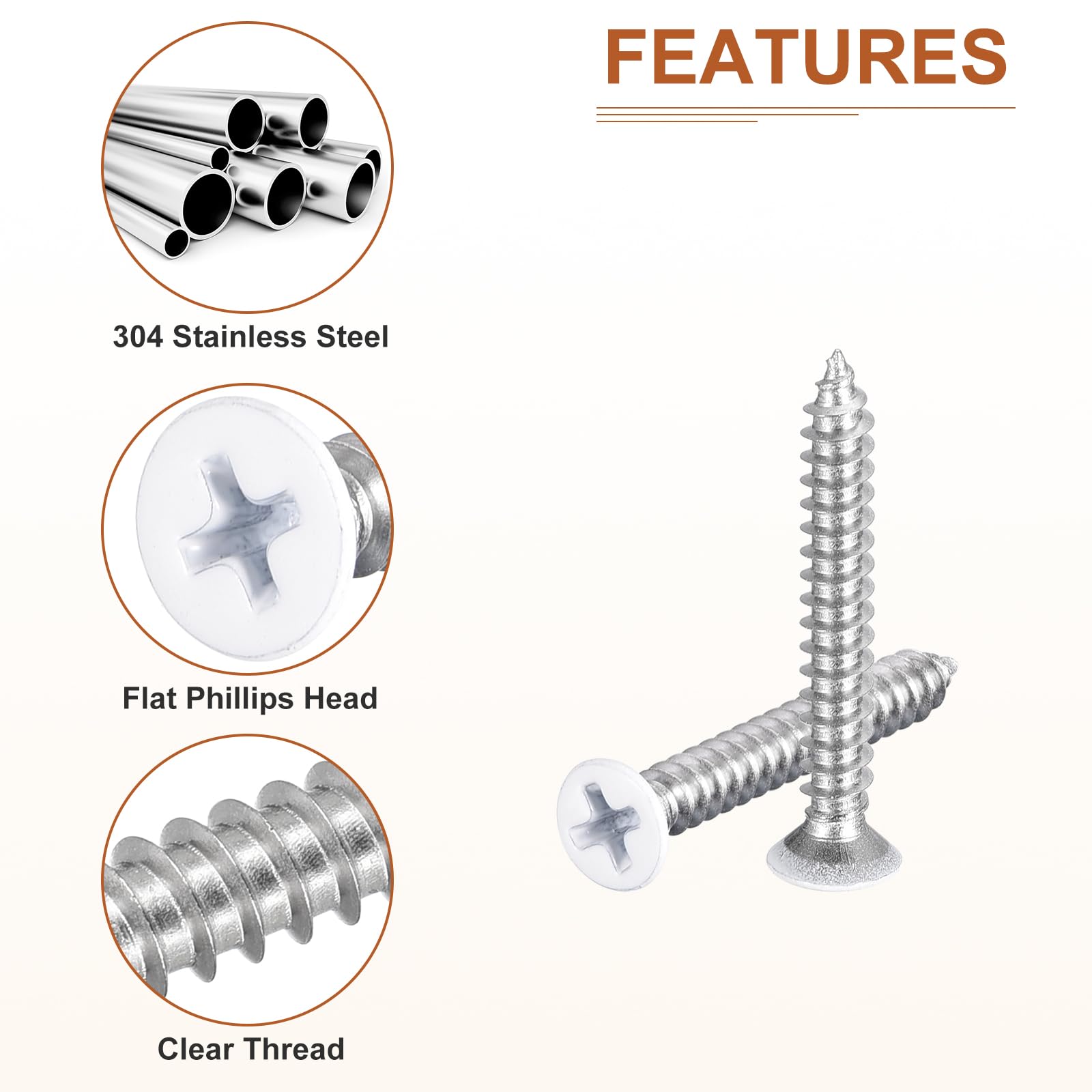 DTGN 100Pcs ST4x30mm Flat Head Wood Screws, 304 Stainless Steel White Phillips Self Tapping Screws - Image 4