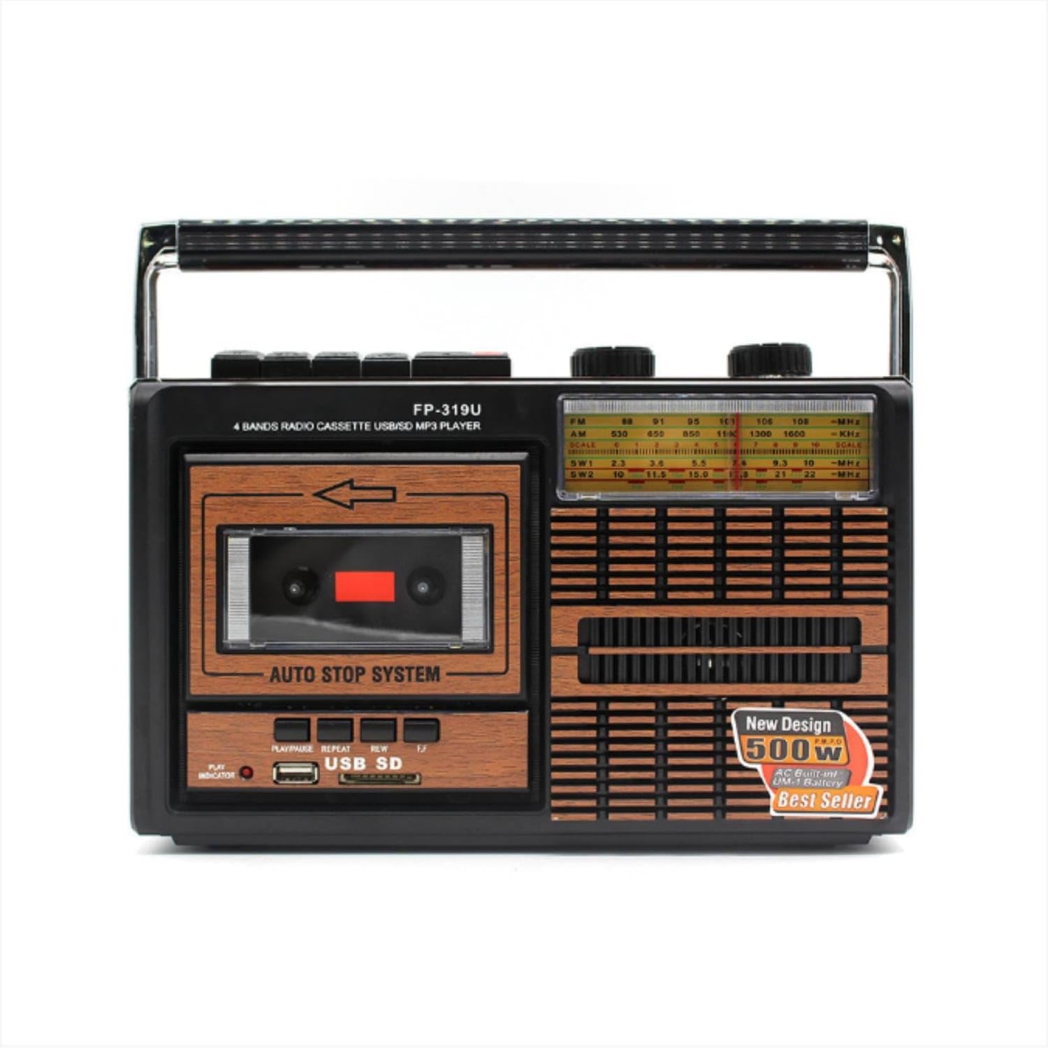 Auto-Stop Wood-Grain Radio Cassette Player Two-Way Power Retro Radio Cassette Player Portable Multifunction Music Center Headphone Socket, EU Plug-image-10