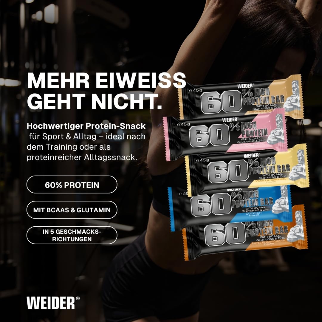 Weider 60% Proteinriegel - Hochproteinhaltiger Riegel mit 27g Protein, wenig Zucker, BCAAs & Zink - Ideal für Muskelwachstum - 24er Pack - Vanilla-Caramel