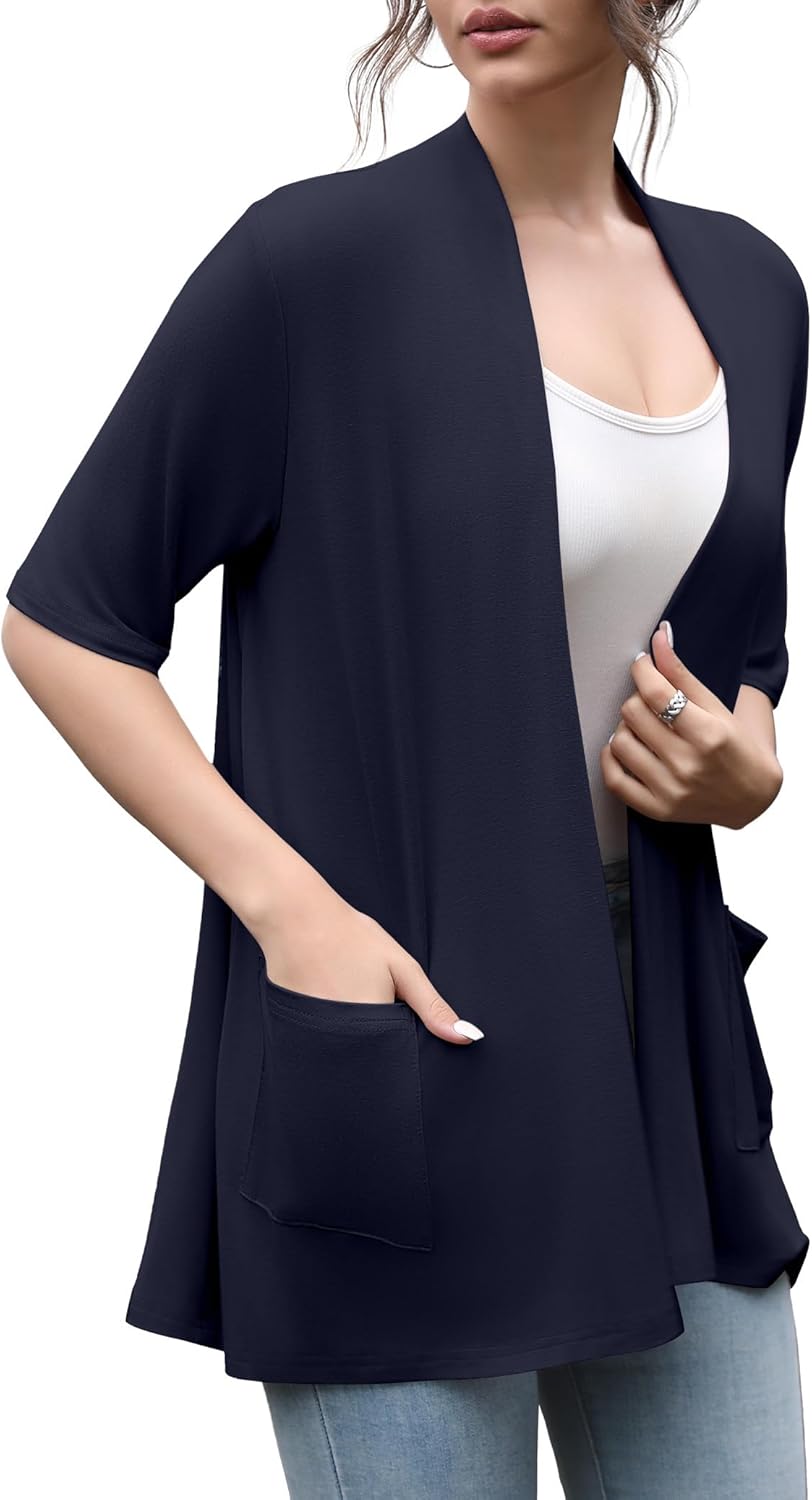 HIYIYEZI Women's Short Sleeve Open Front Cardigan Casual Loose Lightweight Cardigans with Pockets
