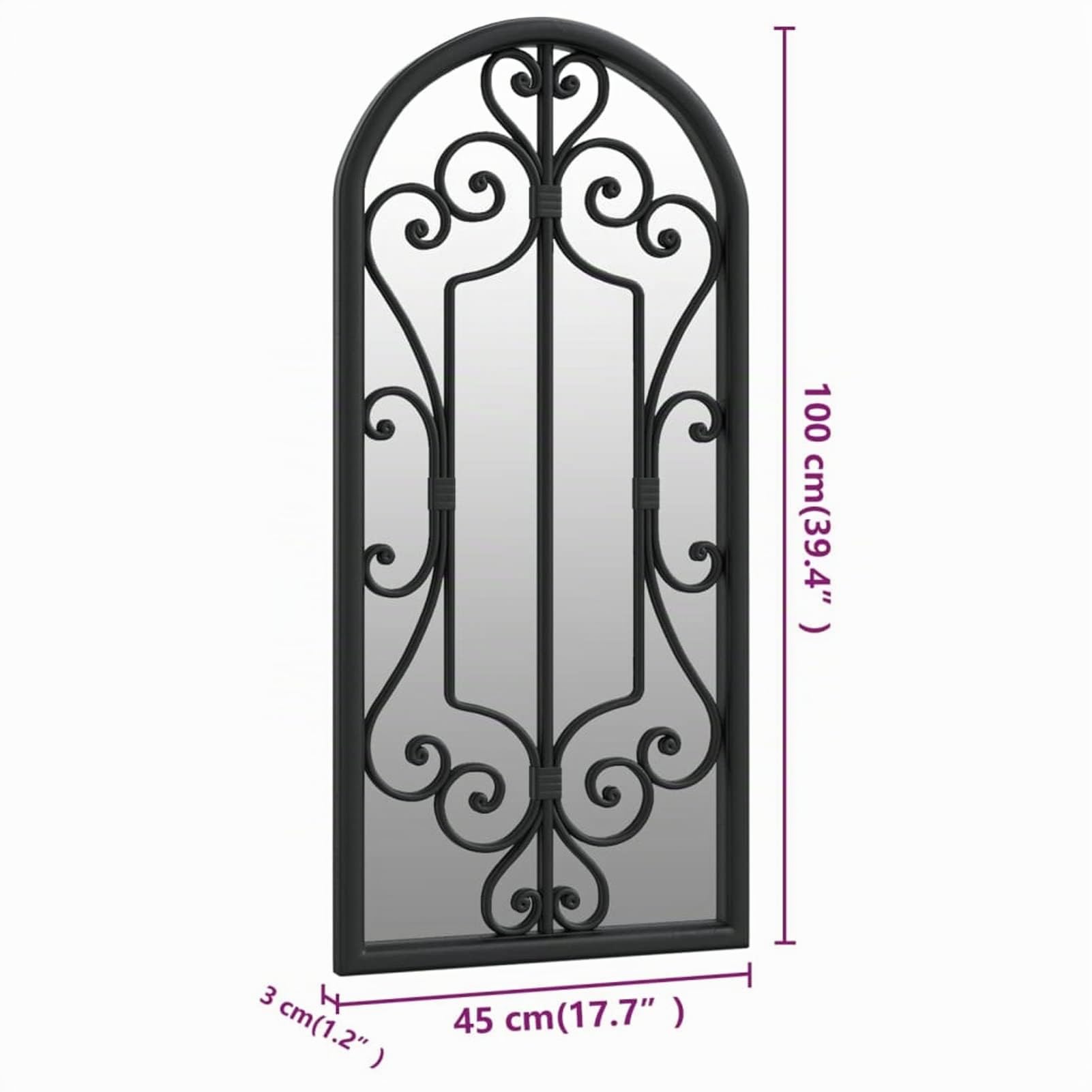 Miroir de jardin noir 100 x 45 cm en fer pour usage extérieur, miroir de jardin pour fenêtre d'église, mobilier extérieur, effet pierre