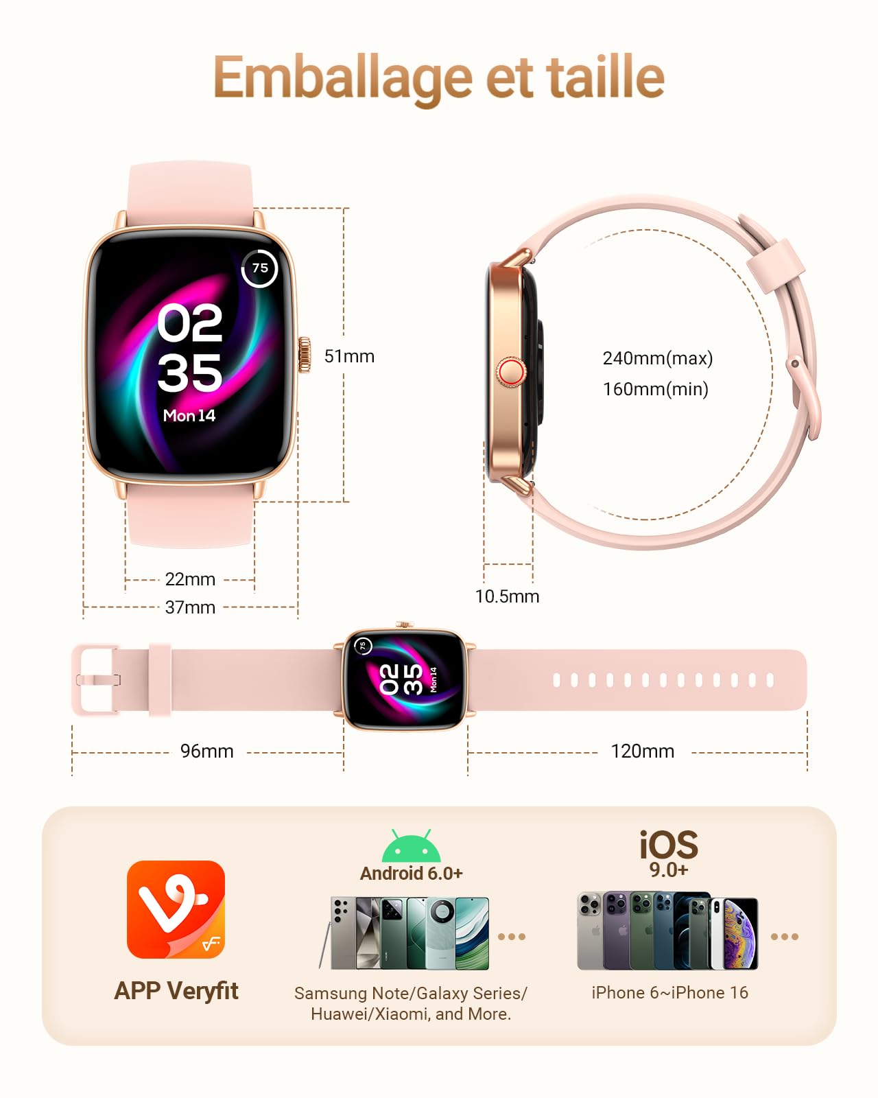 Montre Connectée Femme avec Appel Bluetooth, 1,85" Smartwatch Moniteur de Fréquence Cardiaque/SpO2/Sommeil, Montre de Sport 110+ Modes Sportifs Podomètre, Etanchéité IP68, pour iOS et Android Rose