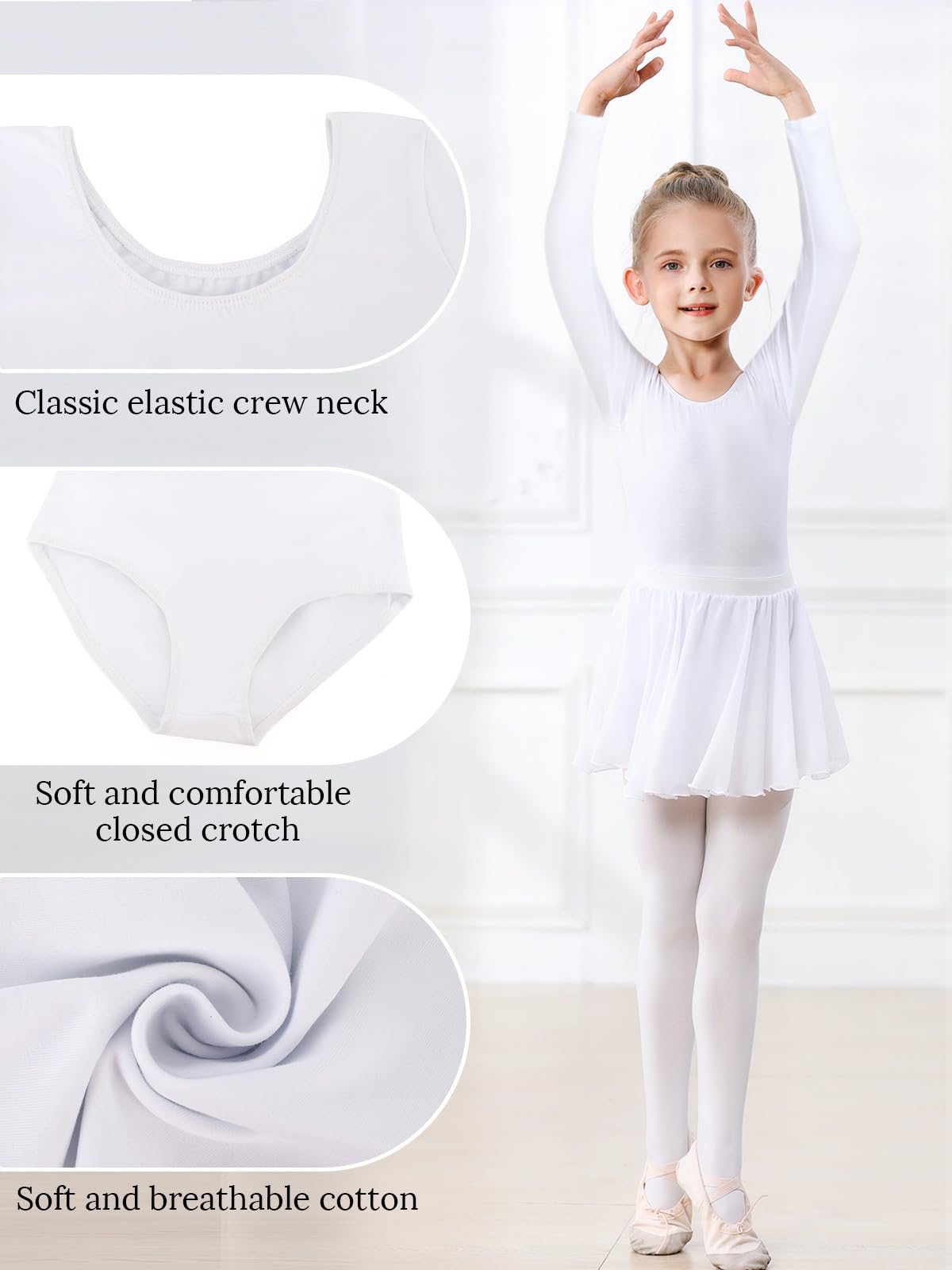 Ballettkleidung Mädchen Ballettkleid Langarm Ballettanzug Kinder Balletttrikot Tanzkleid Baumwolle Tanzbody mit Ballettrock Tütü Ballerina Kleid 3-11 Jahre