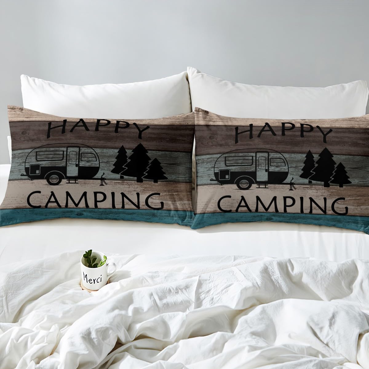 Camper Theme Bedding Set,Happy Camping Duvet Cover for Kids Teens,Mountains and Trees Comforter Cover Decorative Room,Rustic Farmhouse Style Quilt Cover with 2 Pillowcases,King Size(No Comforter)