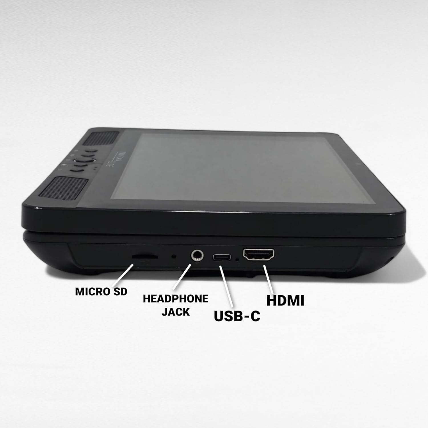 Side view of the tablet showing ports