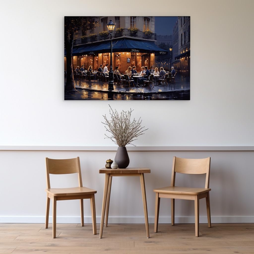 Canvas for Living room. Parisian Nights � The Intimate Charm of Fritho's Street Cafe in the Rain, 27 x 18 inch Canvas Wall Art - Modern Home Decor