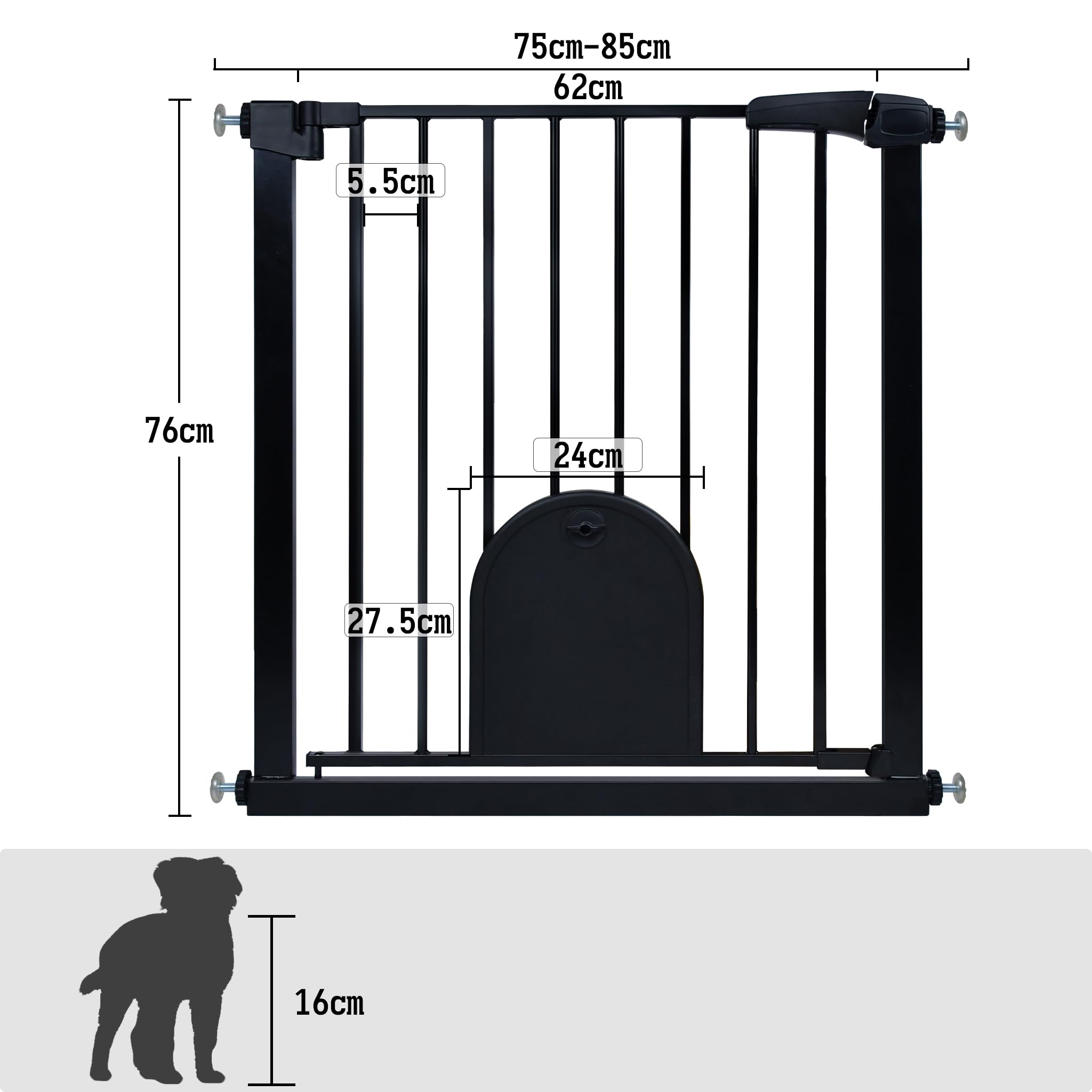 Aufun Treppenschutzgitter Türschutzgitter Kinder ohne Bohren, für 75-85 cm breit, Türgitter mit Druckbefestigung, selbstschließend, Metall Gitter, Hundesicherheitsgitter mit Katzenklappe (Schwarz)