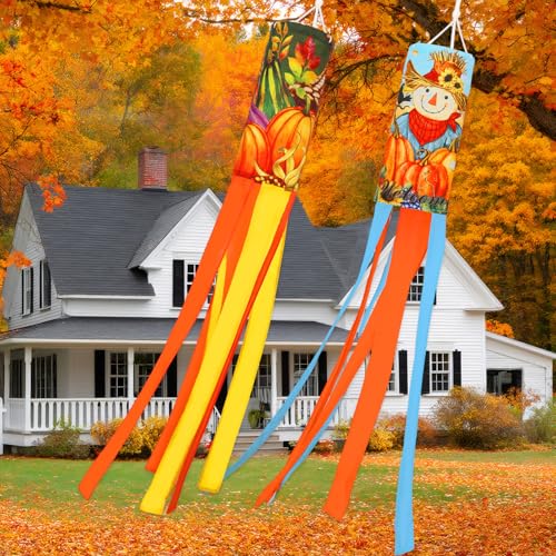 NOVWANG 2 Pcs Fall Windsocks Scarecrows Pumpkins Wind Socks Autumn Windsocks Thanksgiving Outdoor Hanging Scarecrow Decorations for Home Farmhouse Garden Yard Decor
